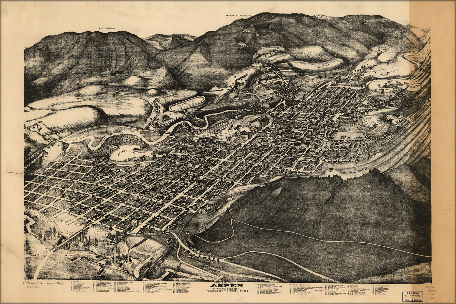 24"x36" Gallery Poster, Birdseye view map of Aspen Colorado 1893