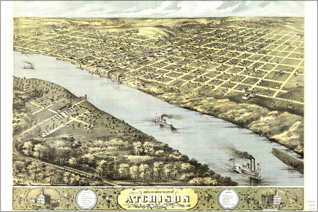 24"x36" Gallery Poster, Birdseye view map of Atchison,  Kansas 1869