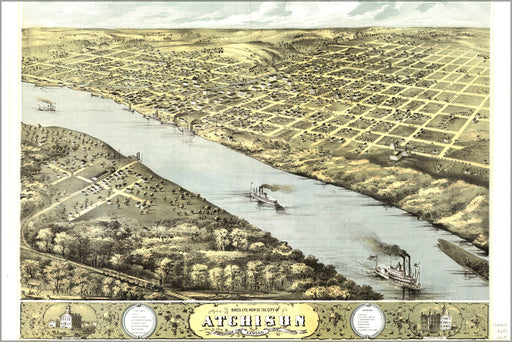 24"x36" Gallery Poster, Birdseye view map of Atchison,  Kansas 1869