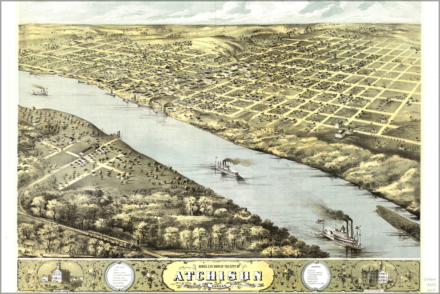 24"x36" Gallery Poster, Birdseye view map of Atchison,  Kansas 1869
