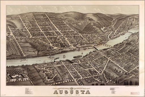 24"x36" Gallery Poster, Birdseye view map of Augusta, Maine, 1878