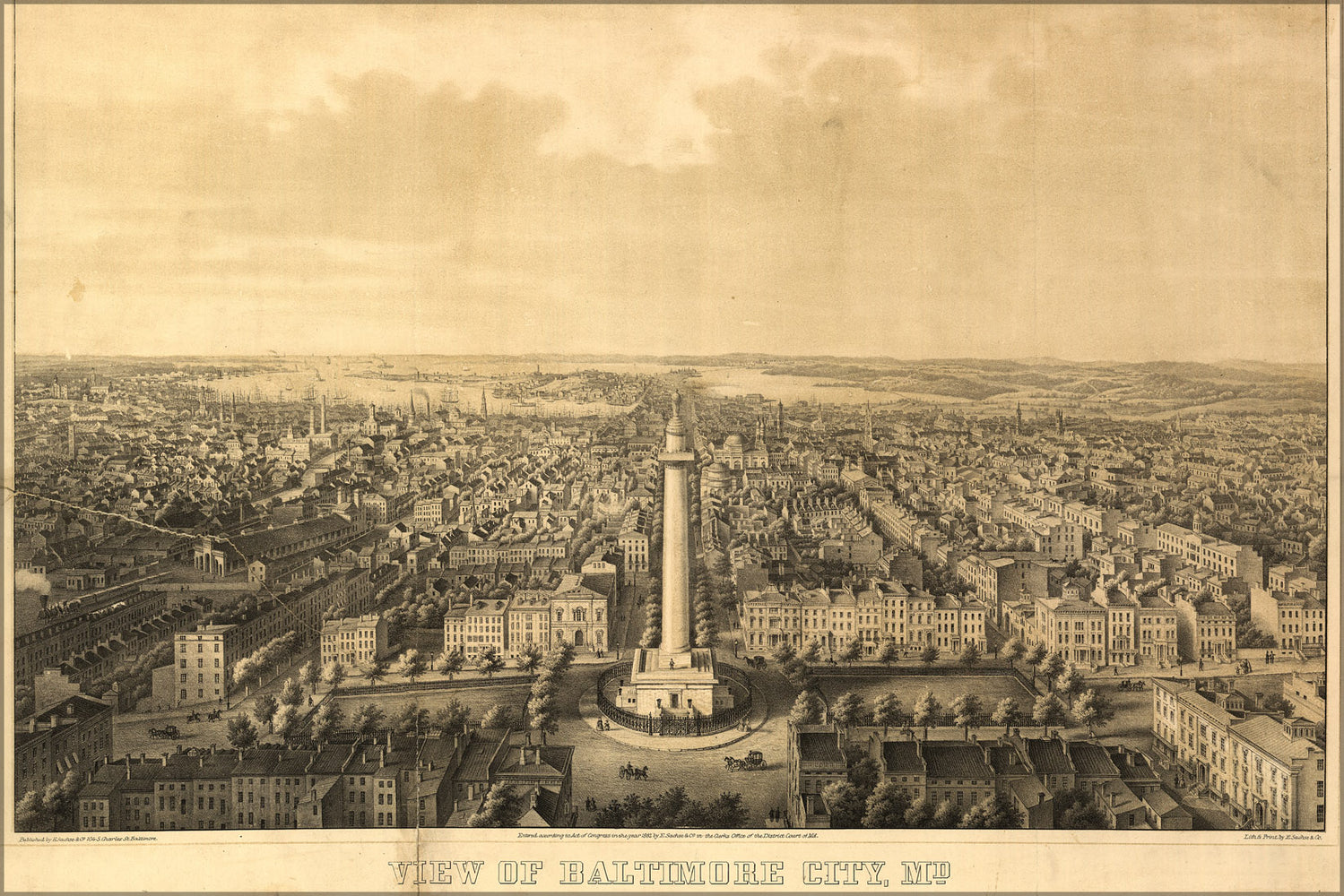 24"x36" Gallery Poster, Birdseye view map of Baltimore City, from the North 1862