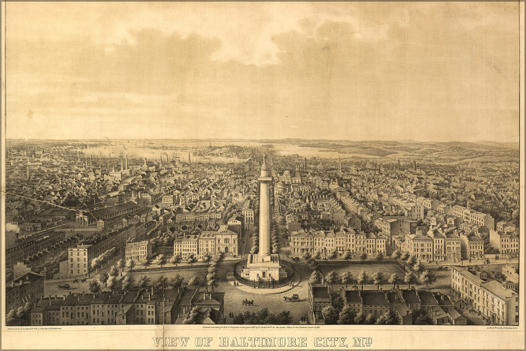 24"x36" Gallery Poster, Birdseye view map of Baltimore City, from the North 1862