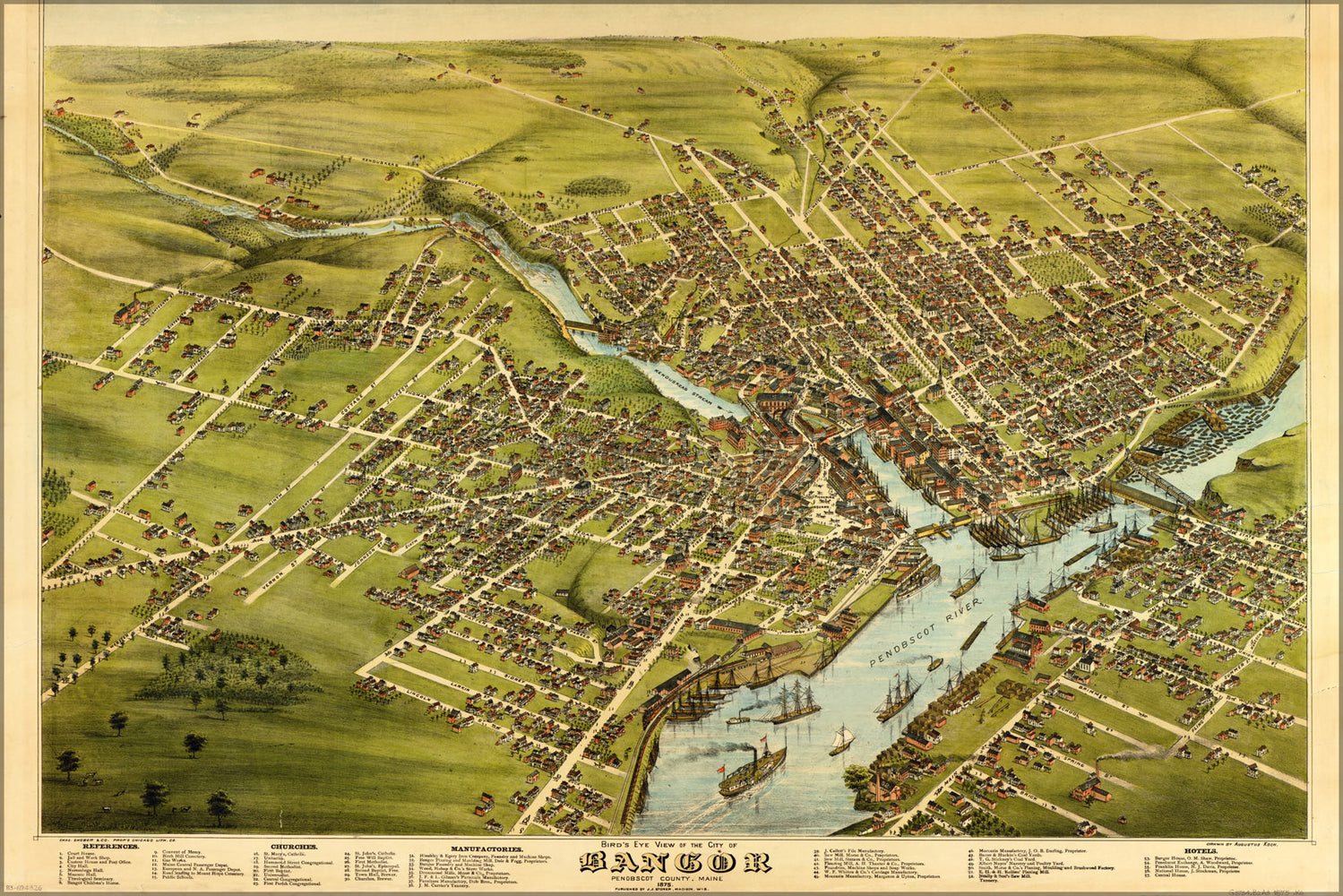 24"x36" Gallery Poster, Birdseye view map of Bangor, Maine, 1875