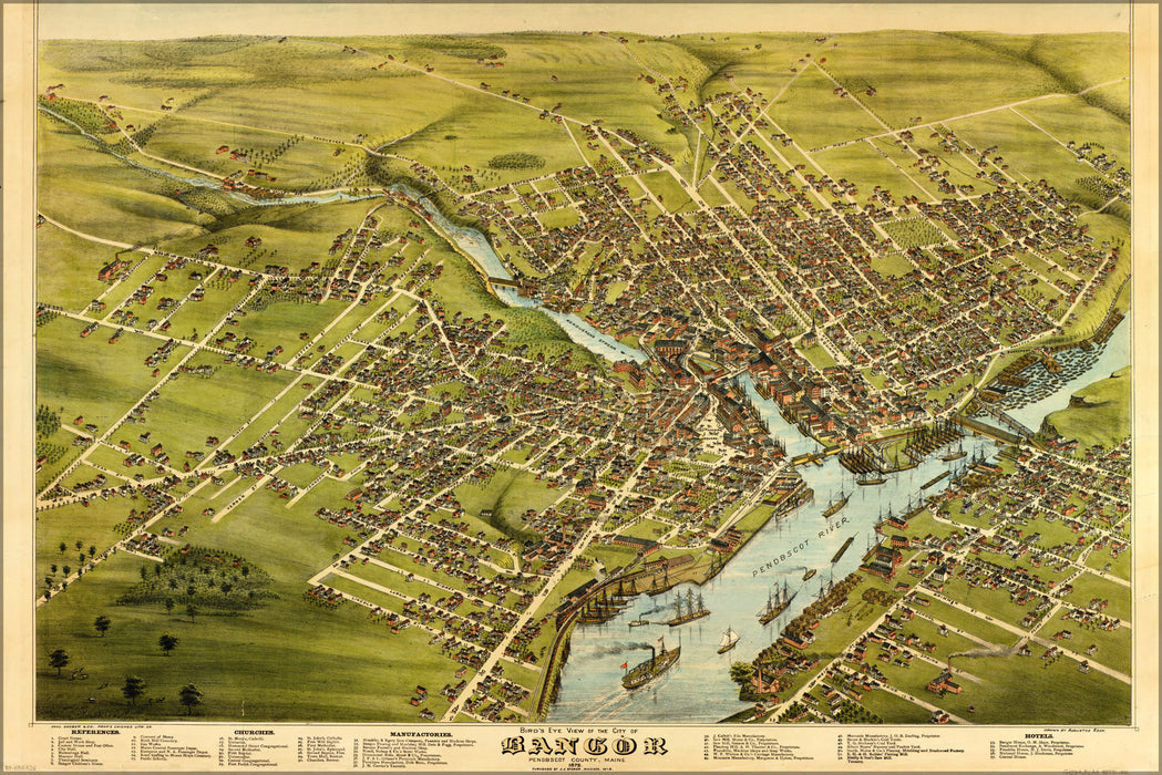 24"x36" Gallery Poster, Birdseye view map of Bangor, Maine, 1875