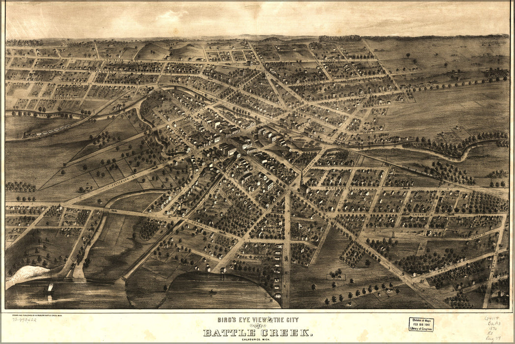 24"x36" Gallery Poster, Birdseye view map of Battle Creek Michigan 1870