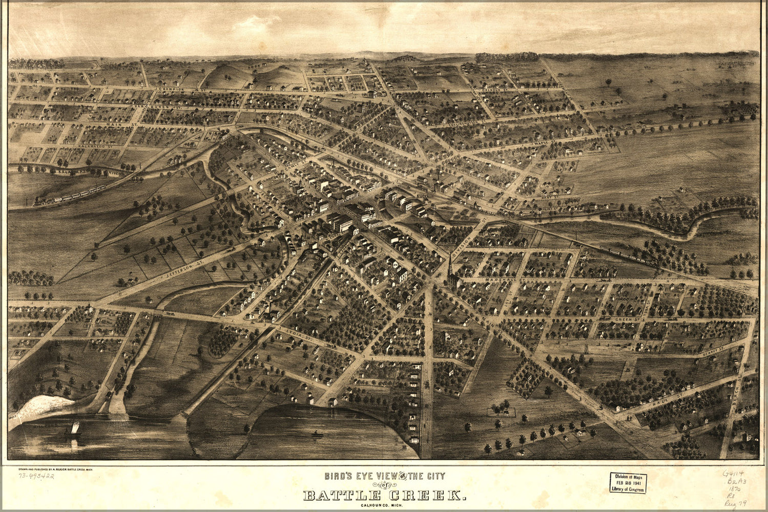 24"x36" Gallery Poster, Birdseye view map of Battle Creek Michigan 1870