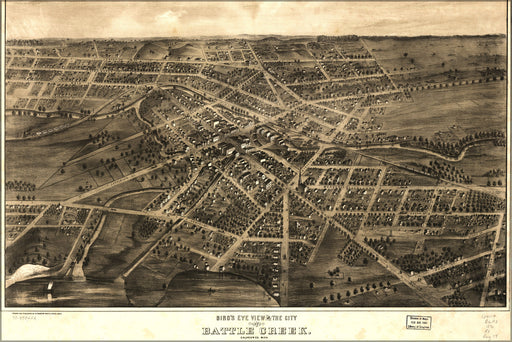 24"x36" Gallery Poster, Birdseye view map of Battle Creek Michigan 1870
