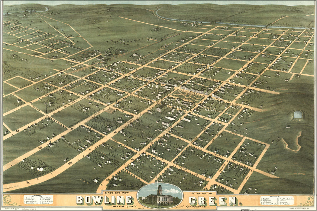 24"x36" Gallery Poster, Birdseye view map of Bowling Green Kentucky 1871
