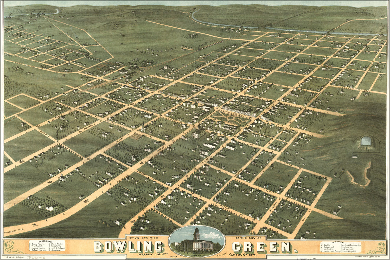 24"x36" Gallery Poster, Birdseye view map of Bowling Green Kentucky 1871