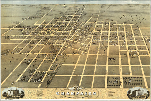 24"x36" Gallery Poster, Birdseye view map of Champaign Illinois 1869