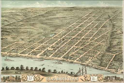24"x36" Gallery Poster, Birdseye view map of Clarksville, Tennessee 1870