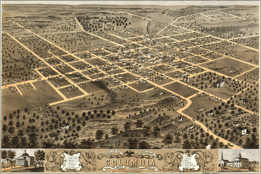 24"x36" Gallery Poster, Birdseye view map of Columbia, Missouri 1869
