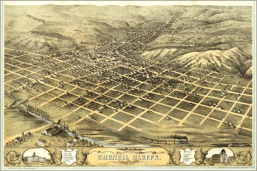 24"x36" Gallery Poster, Birdseye view map of Council Bluffs, Iowa 1868