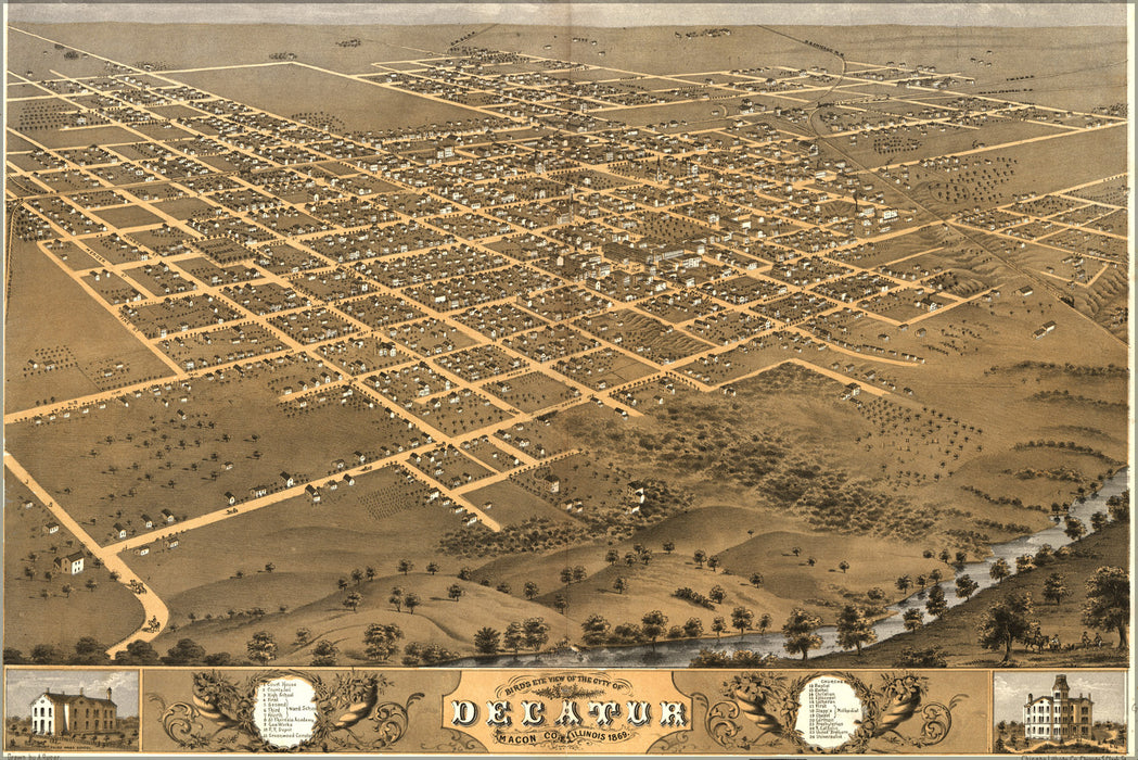 24"x36" Gallery Poster, Birdseye view map of Decatur, Illinois 1869