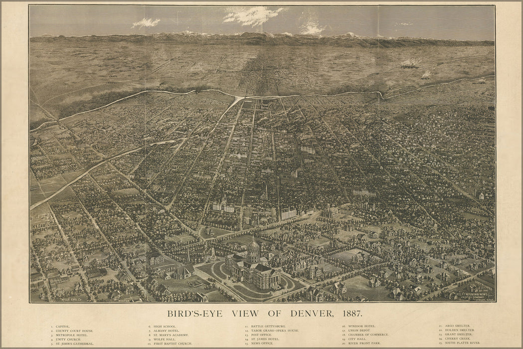 24"x36" Gallery Poster, Birdseye view map of Denver colorado 1887