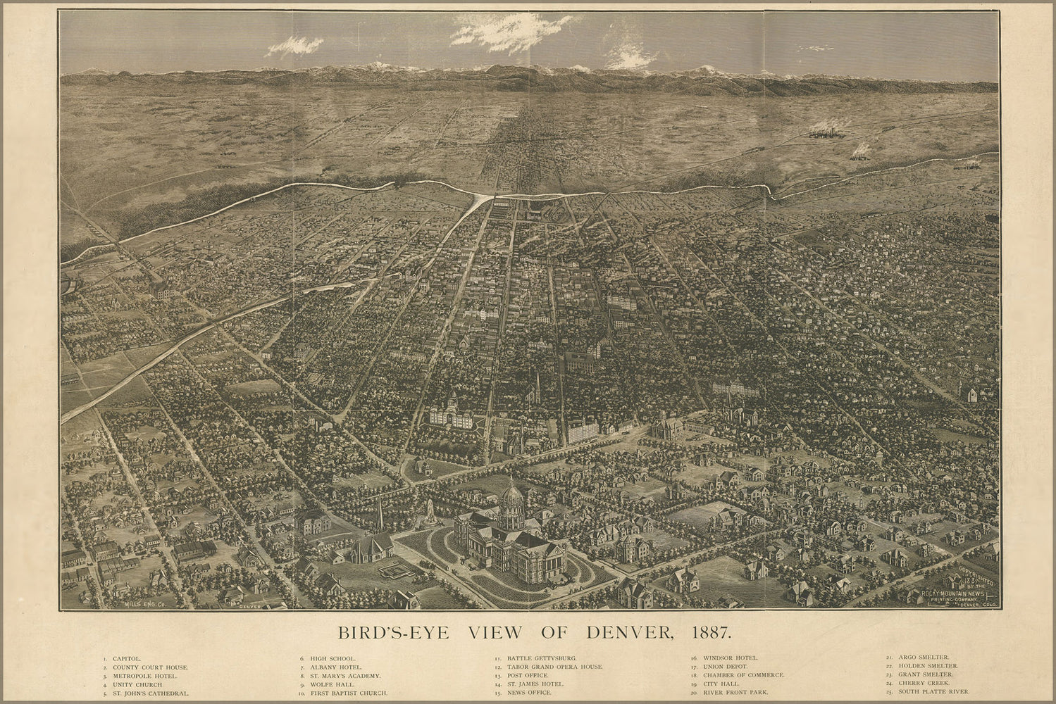 24"x36" Gallery Poster, Birdseye view map of Denver colorado 1887