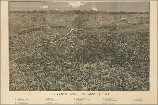 24"x36" Gallery Poster, Birdseye view map of Denver colorado 1887