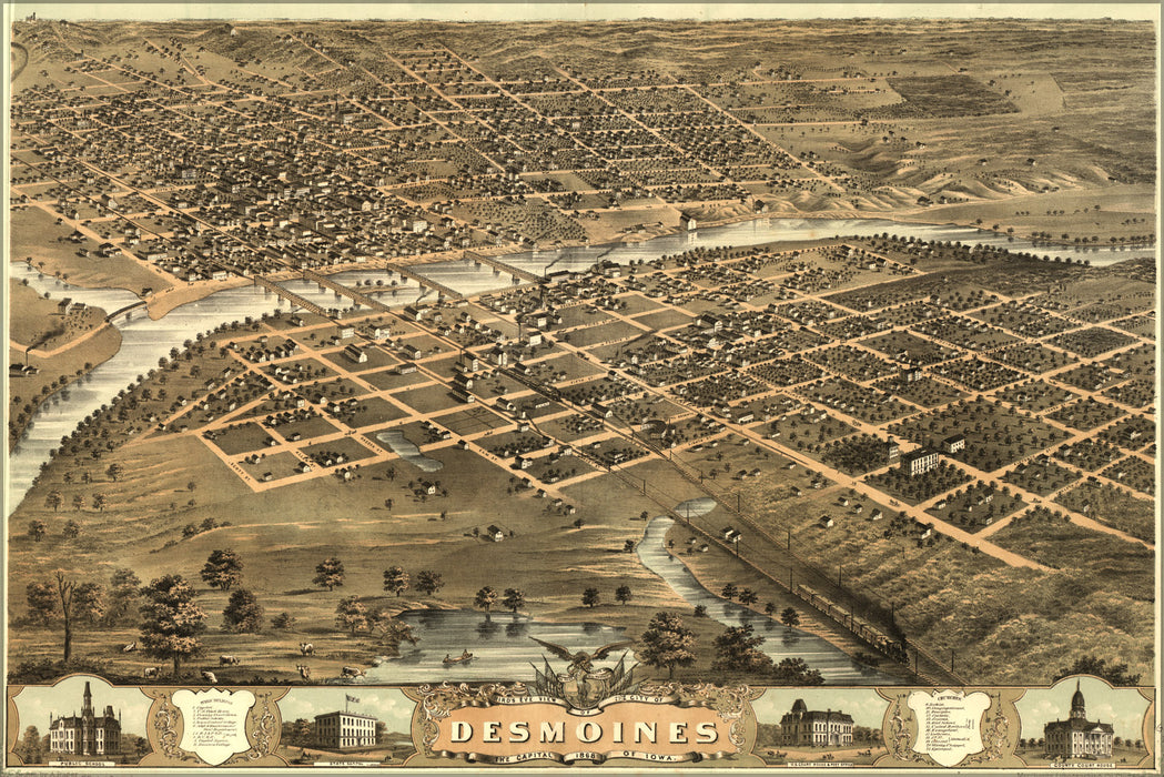 24"x36" Gallery Poster, Birdseye view map of Des Moines, Iowa 1868