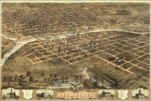 24"x36" Gallery Poster, Birdseye view map of Des Moines, Iowa 1868