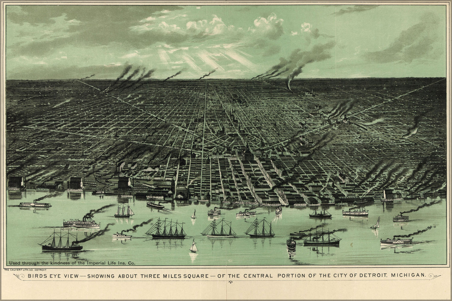 24"x36" Gallery Poster, Birdseye view map of Detroit michigan 1889