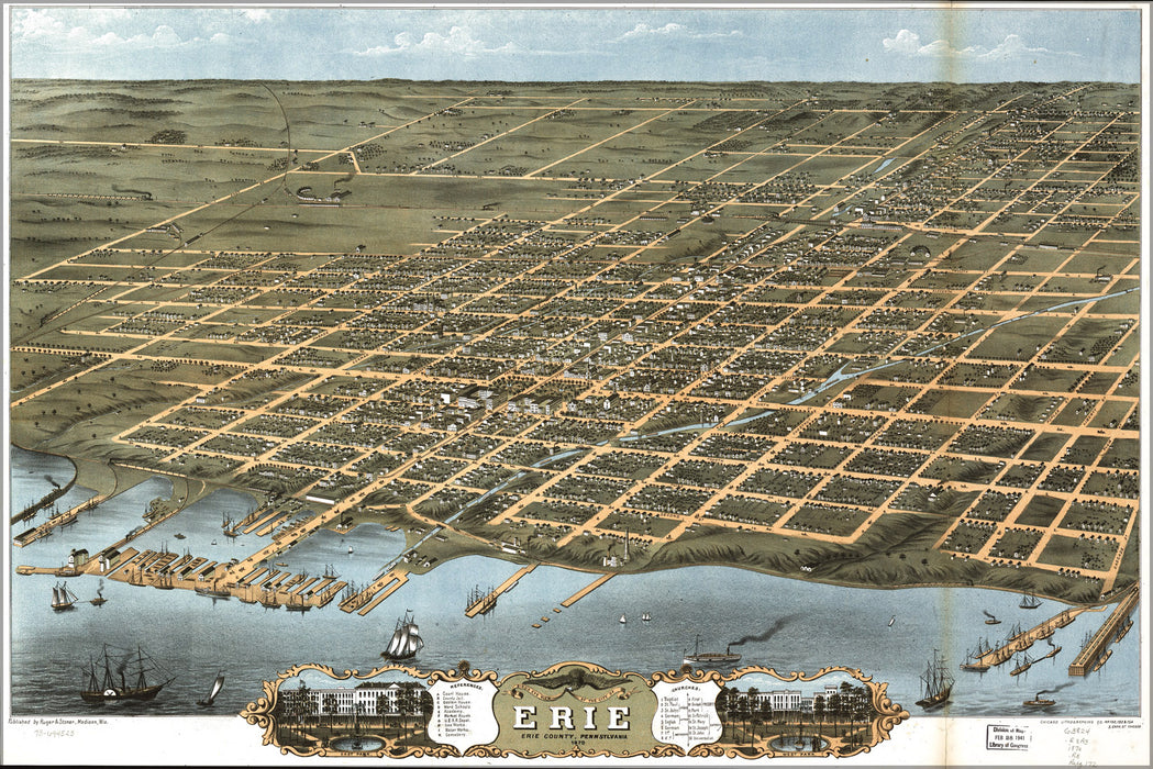 24"x36" Gallery Poster, Birdseye view map of Erie, Pennsylvania 1870