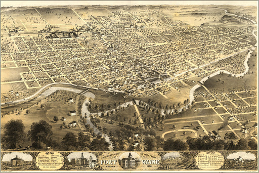 24"x36" Gallery Poster, Birdseye view map of Fort Wayne, Indiana 1868