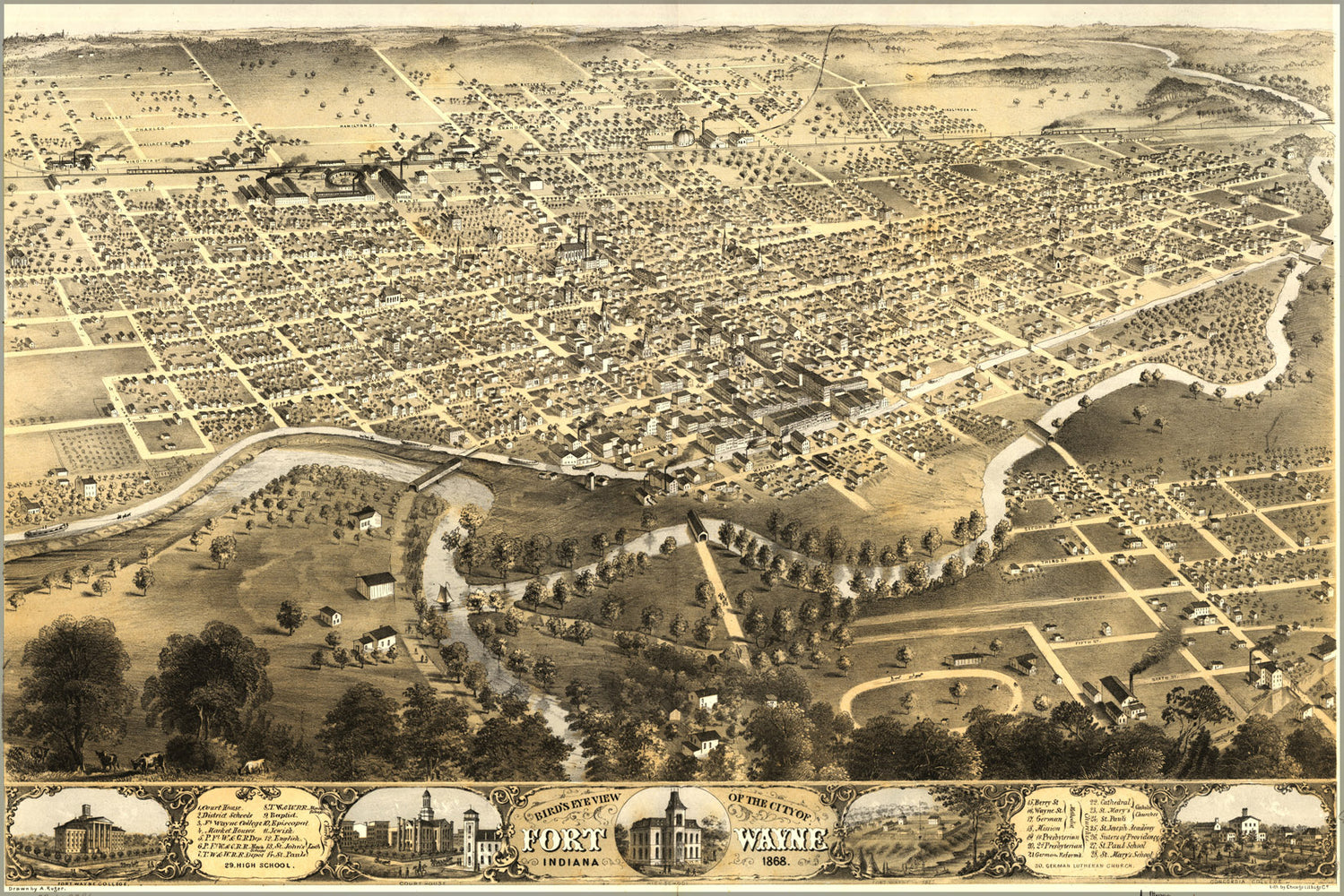 24"x36" Gallery Poster, Birdseye view map of Fort Wayne, Indiana 1868