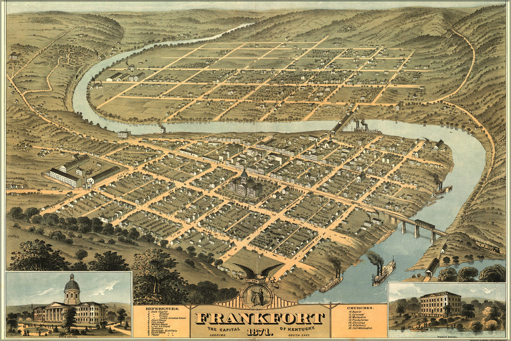 24"x36" Gallery Poster, Birdseye view map of Frankfort, Kentucky 1871