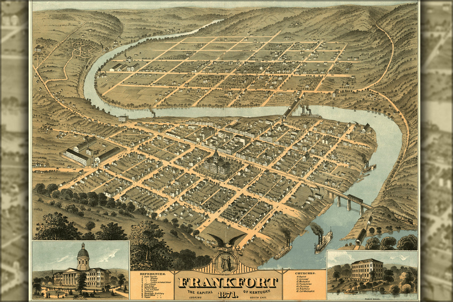 24"x36" Gallery Poster, Birdseye view map of Frankfort Kentucky 1871