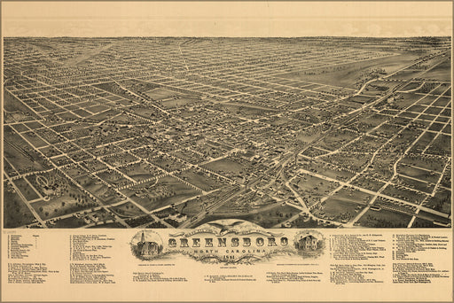 24"x36" Gallery Poster, Birdseye view map of Greensboro, North Carolina. 1891