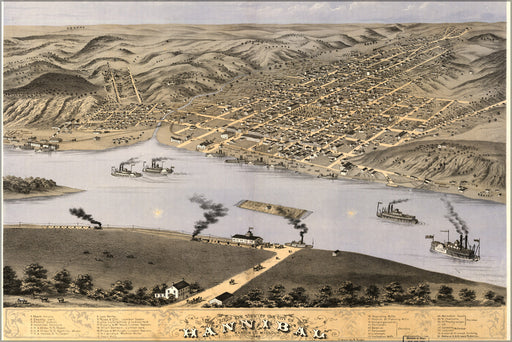 24"x36" Gallery Poster, Birdseye view map of Hannibal, Missouri 1869