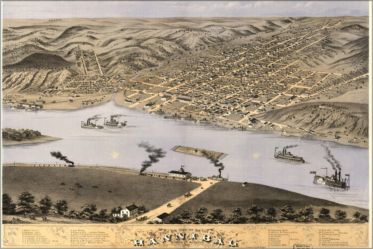24"x36" Gallery Poster, Birdseye view map of Hannibal, Missouri 1869