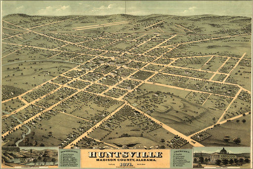 24"x36" Gallery Poster, Birdseye view map of Huntsville, Alabama 1871