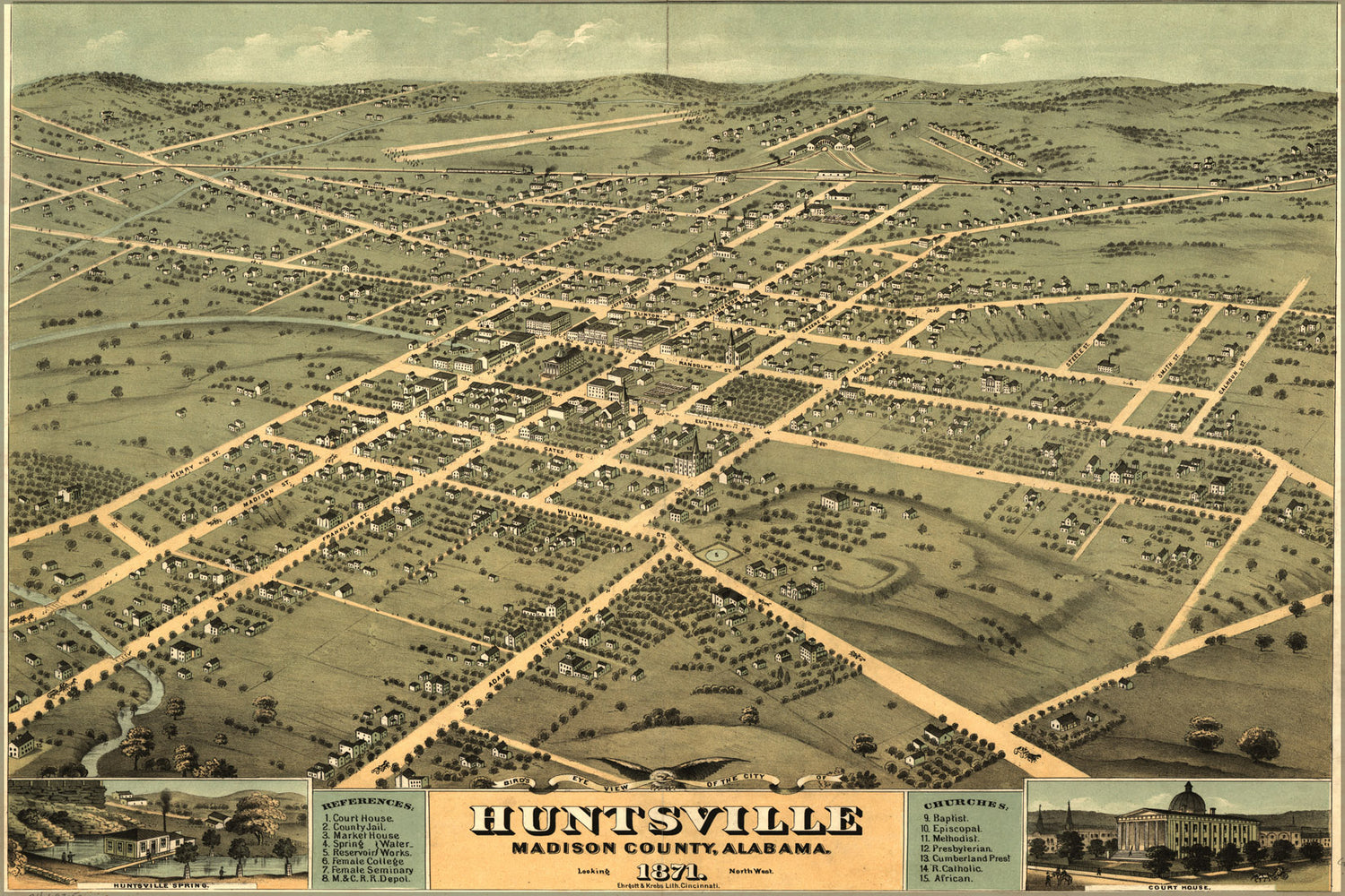 24"x36" Gallery Poster, Birdseye view map of Huntsville, Alabama 1871