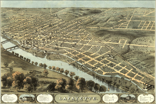 24"x36" Gallery Poster, Birdseye view map of Lafayette, Indiana 1868