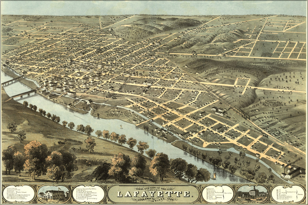 24"x36" Gallery Poster, Birdseye view map of Lafayette, Indiana 1868