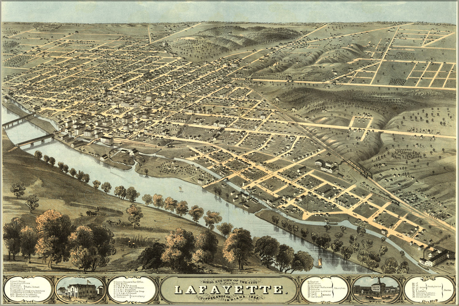24"x36" Gallery Poster, Birdseye view map of Lafayette, Indiana 1868