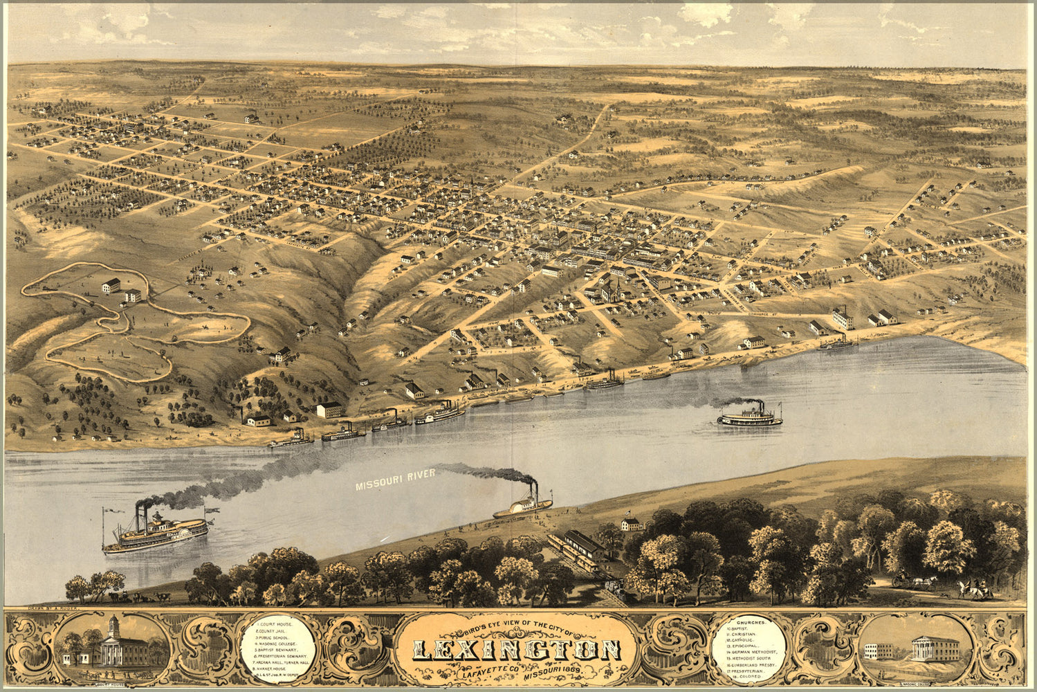 24"x36" Gallery Poster, Birdseye view map of Lexington, Missouri 1869