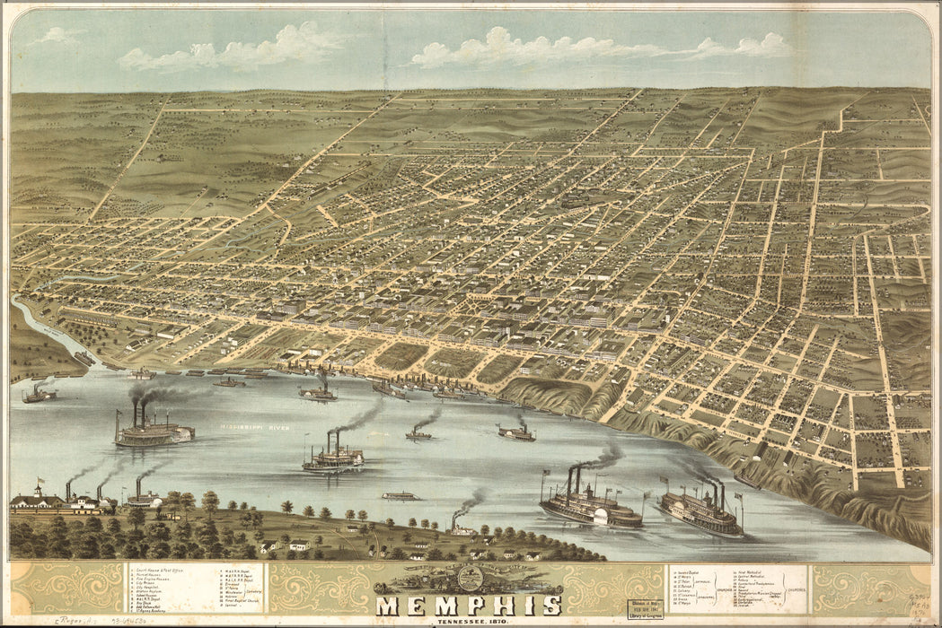 24"x36" Gallery Poster, Birdseye view map of Memphis, Tennessee 1870