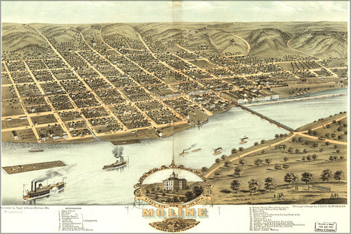 24"x36" Gallery Poster, Birdseye view map of Moline, Illinois 1869