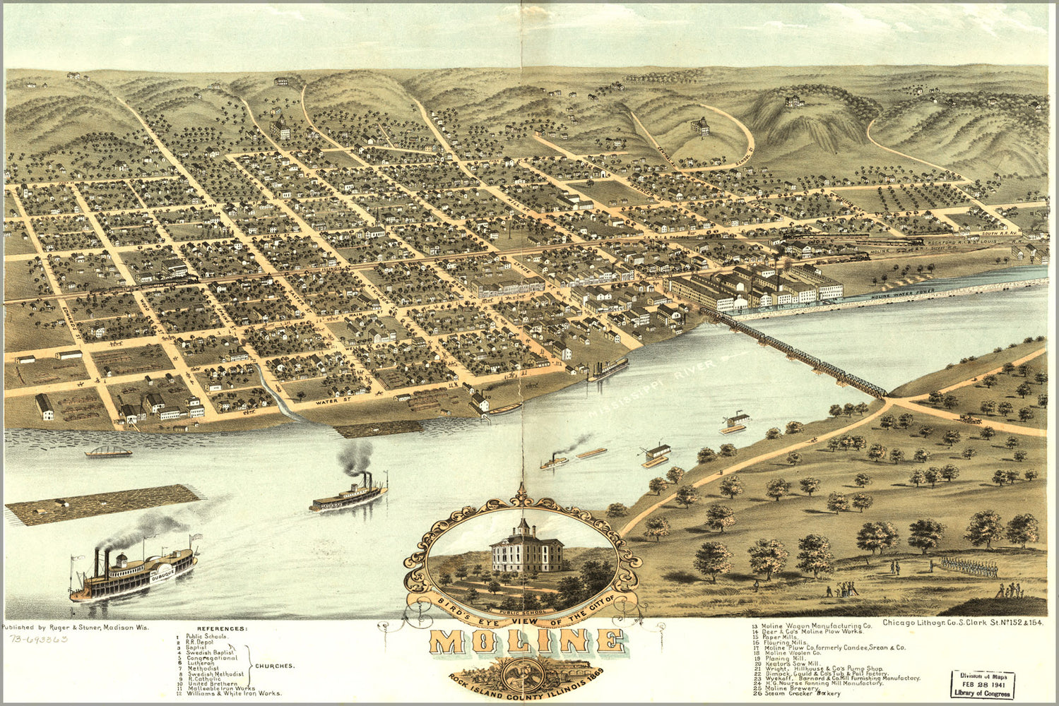 24"x36" Gallery Poster, Birdseye view map of Moline, Illinois 1869