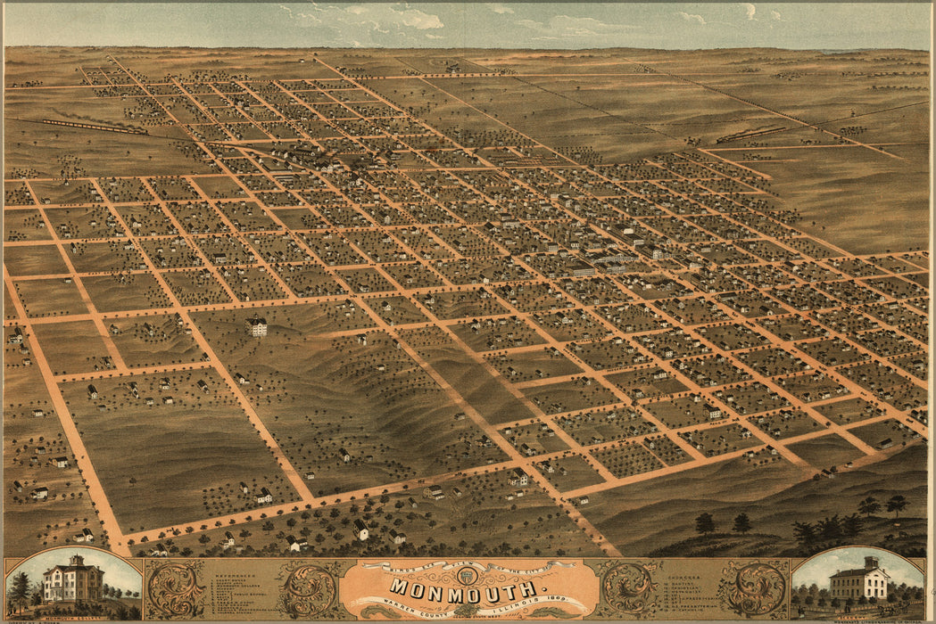 24"x36" Gallery Poster, Birdseye view map of Monmouth, Illinois 1869