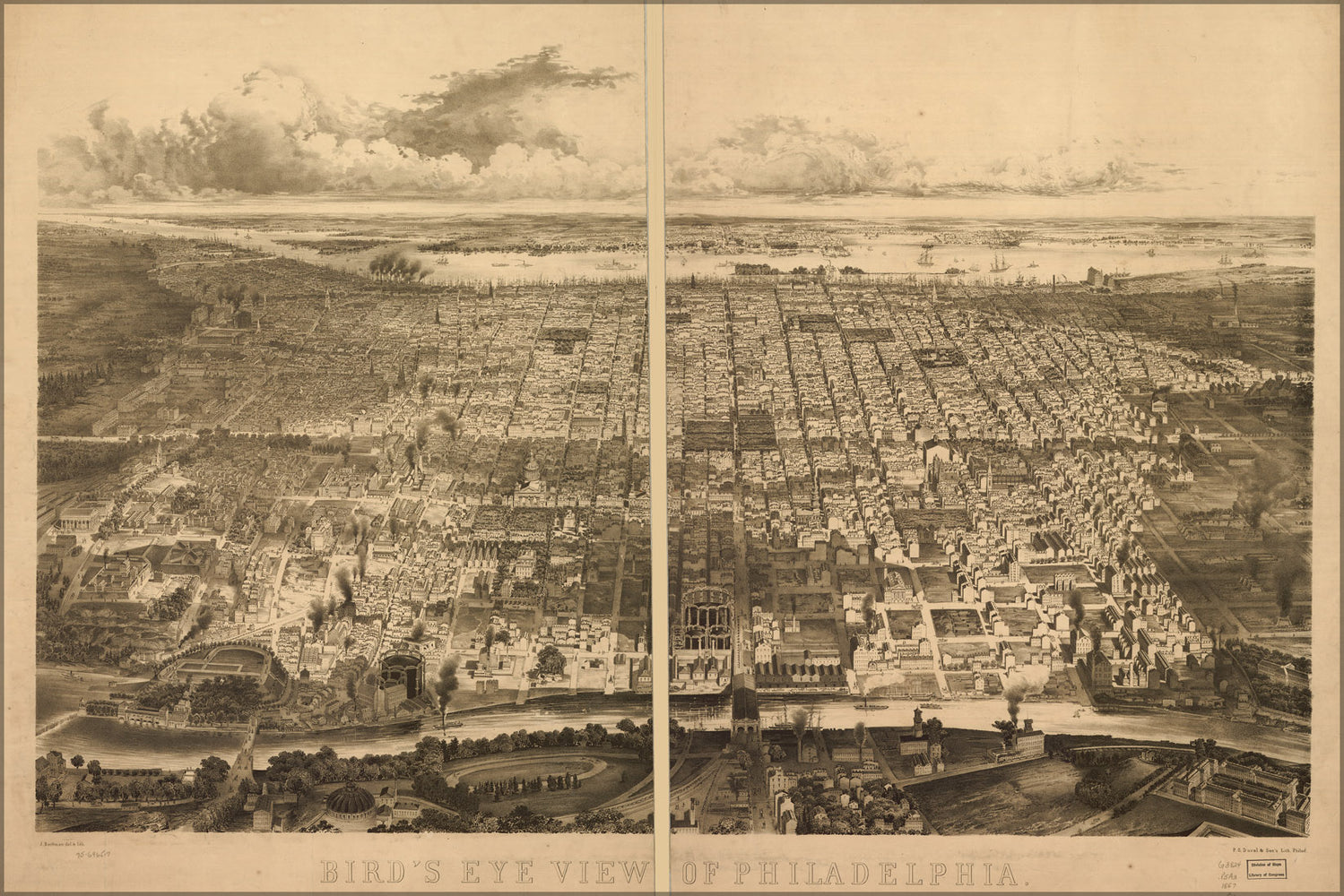 24"x36" Gallery Poster, Birdseye view map of Philadelphia 1857