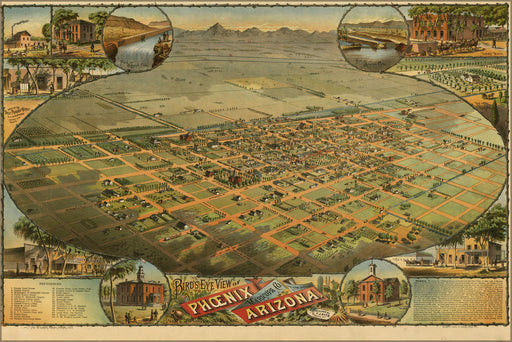 24"x36" Gallery Poster, Birdseye view map of Phoenix Arizona 1885