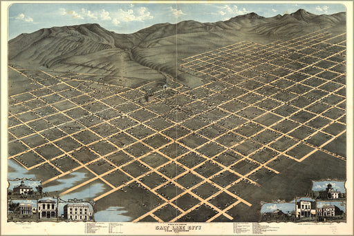 24"x36" Gallery Poster, Birdseye view map of Salt Lake City, Utah Territory 1870