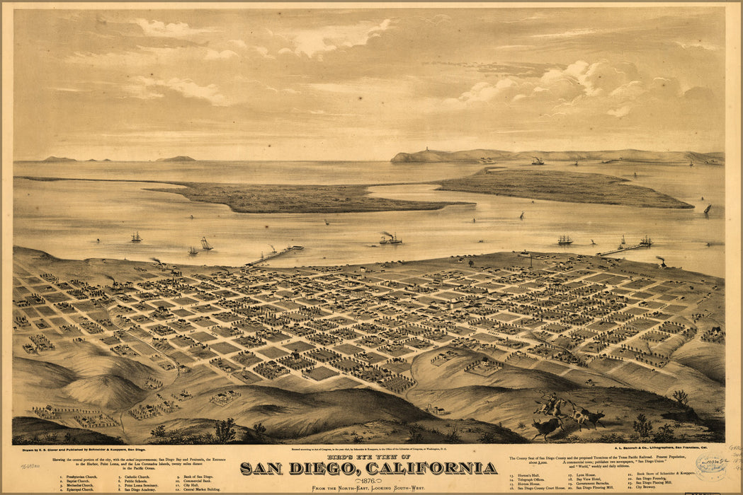 24"x36" Gallery Poster, Birdseye view map of San Diego, California 1876