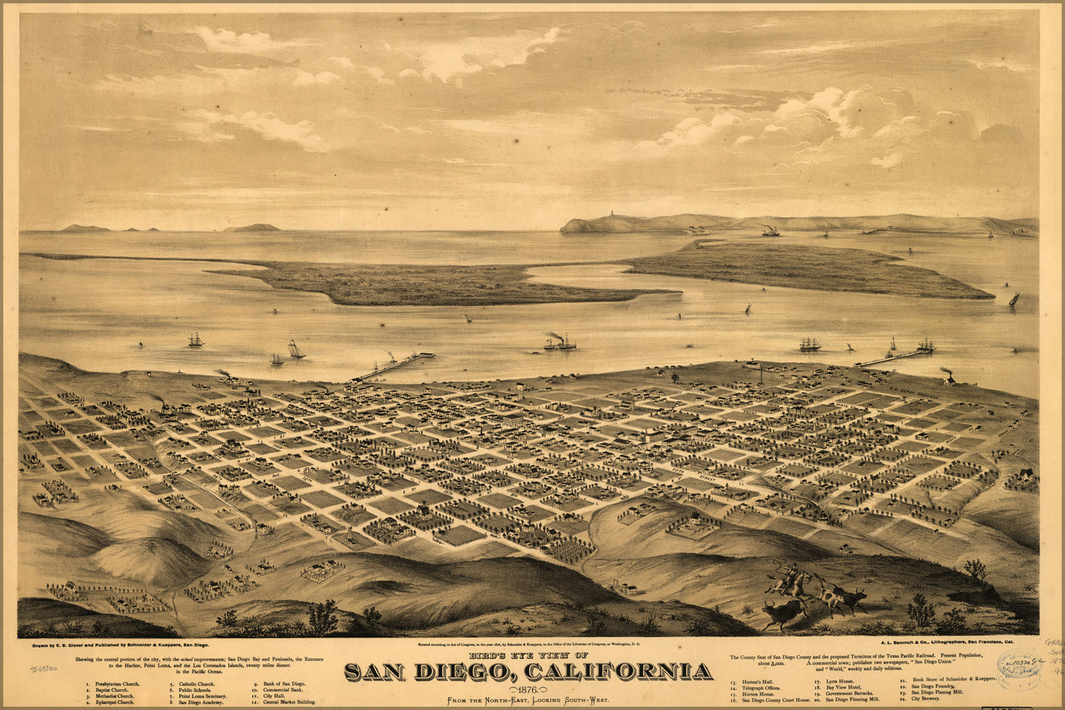 24"x36" Gallery Poster, Birdseye view map of San Diego, California 1876