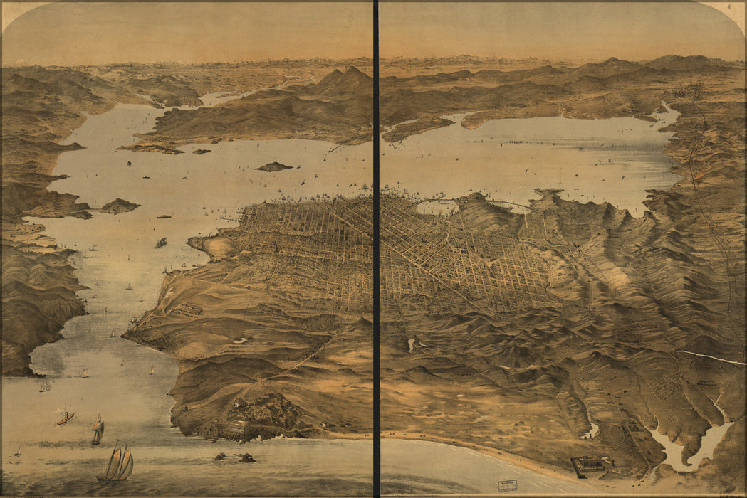 24"x36" Gallery Poster, Birdseye view map of San Francisco california 1868