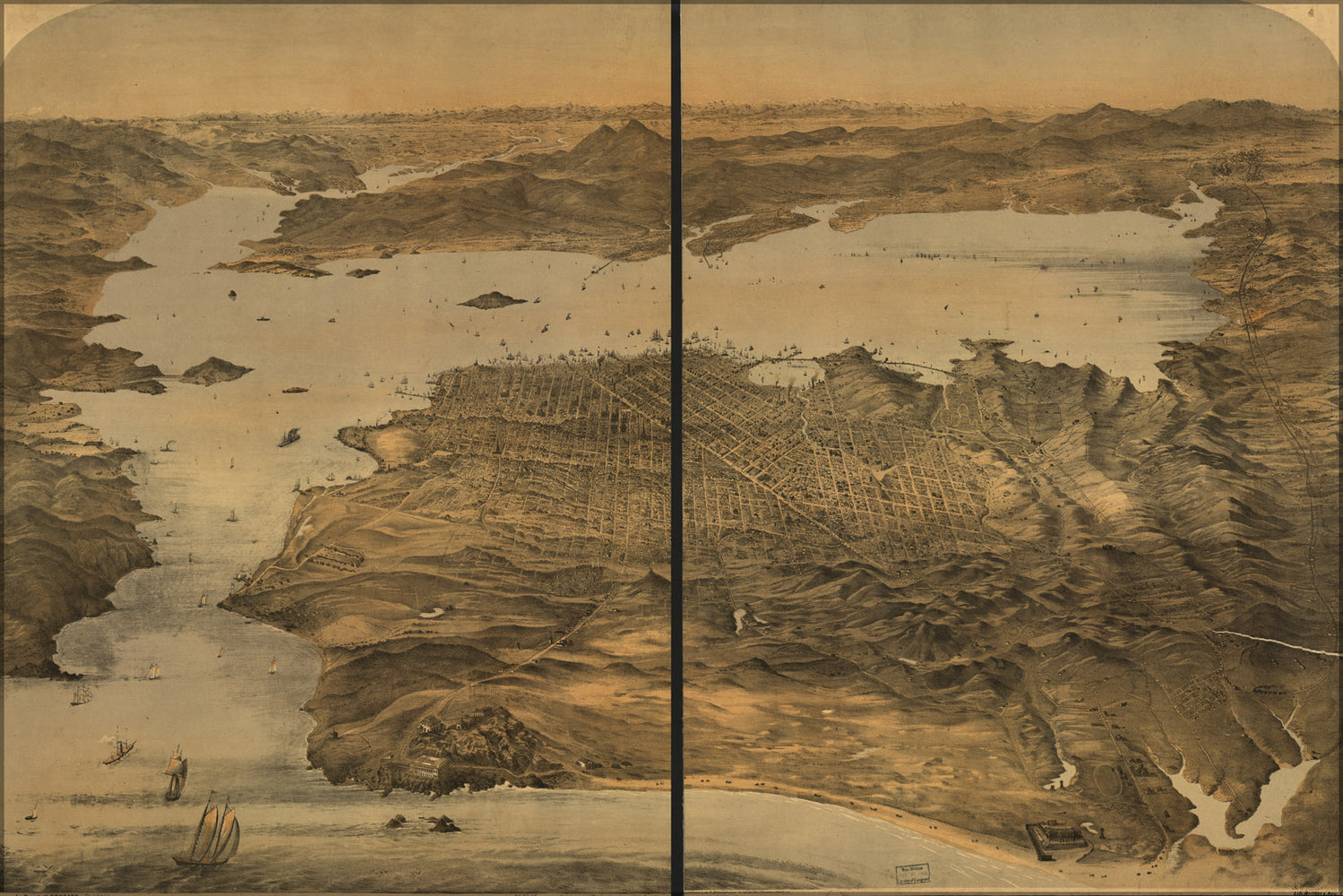 24"x36" Gallery Poster, Birdseye view map of San Francisco california 1868